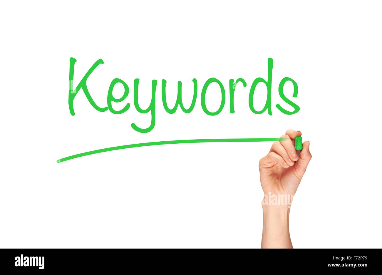 Parole chiave, la scritta in pennarello su uno schermo chiaro. Foto Stock