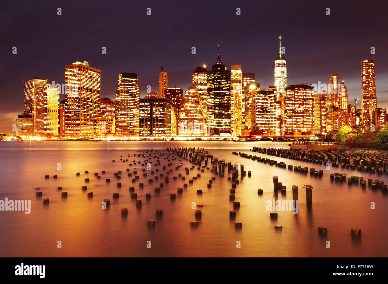 La città di New York Manhattan inferiore, vista dal Ponte di Brooklyn Park Foto Stock