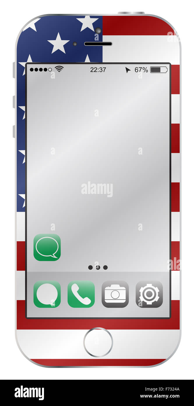 Una bandiera degli Stati Uniti telefono cellulare con schermo vuoto isolato su uno sfondo bianco Foto Stock