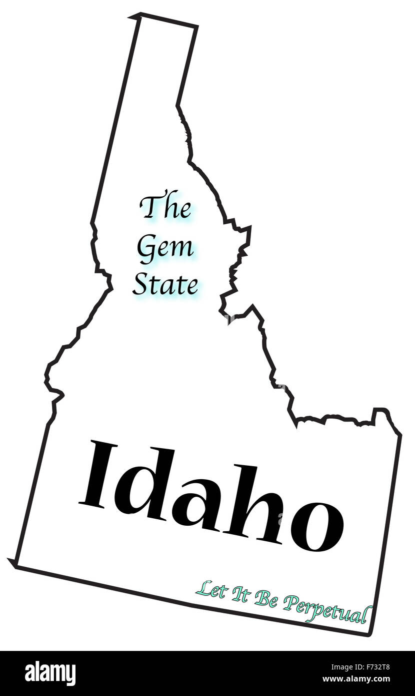 Un stato di Idaho delineare con il motto e lo slogan isolato su uno sfondo bianco Foto Stock