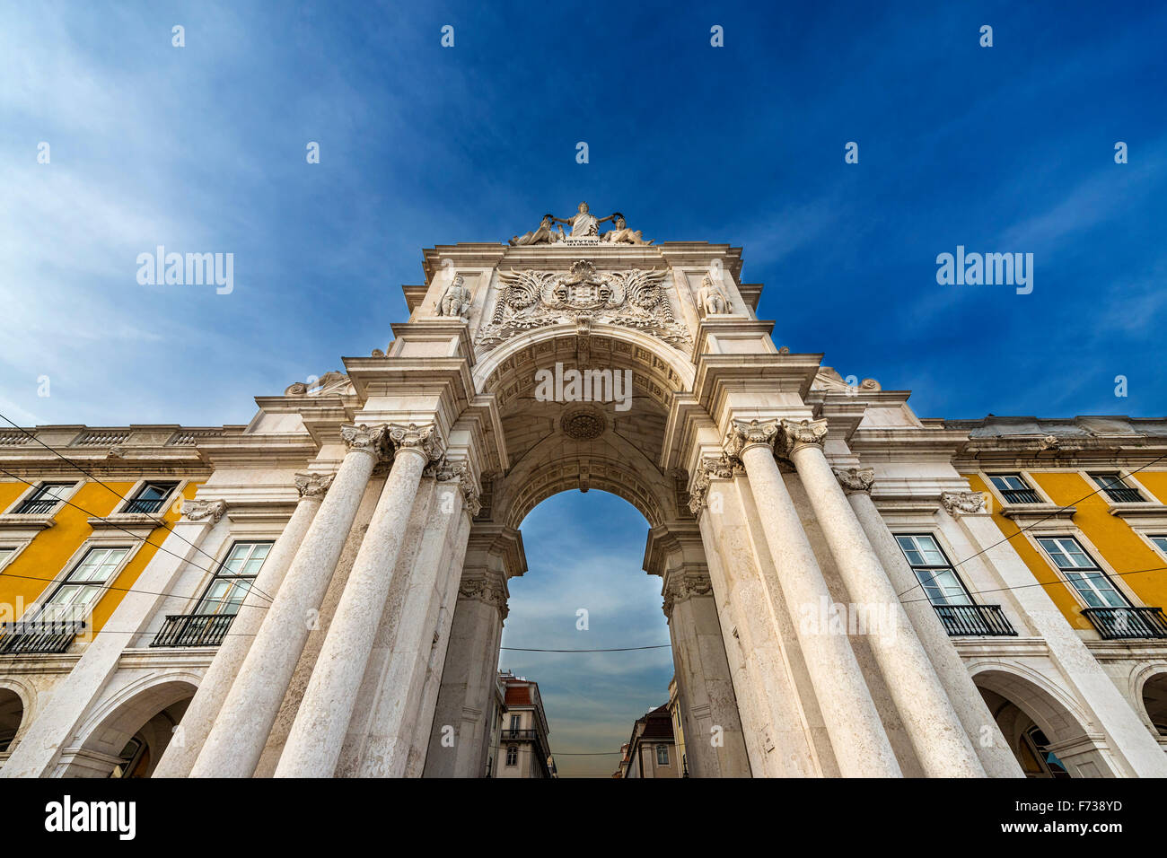 Dettaglio dell'Arco Trionfale in Praca do Comercio di Lisbona, Portogallo Foto Stock