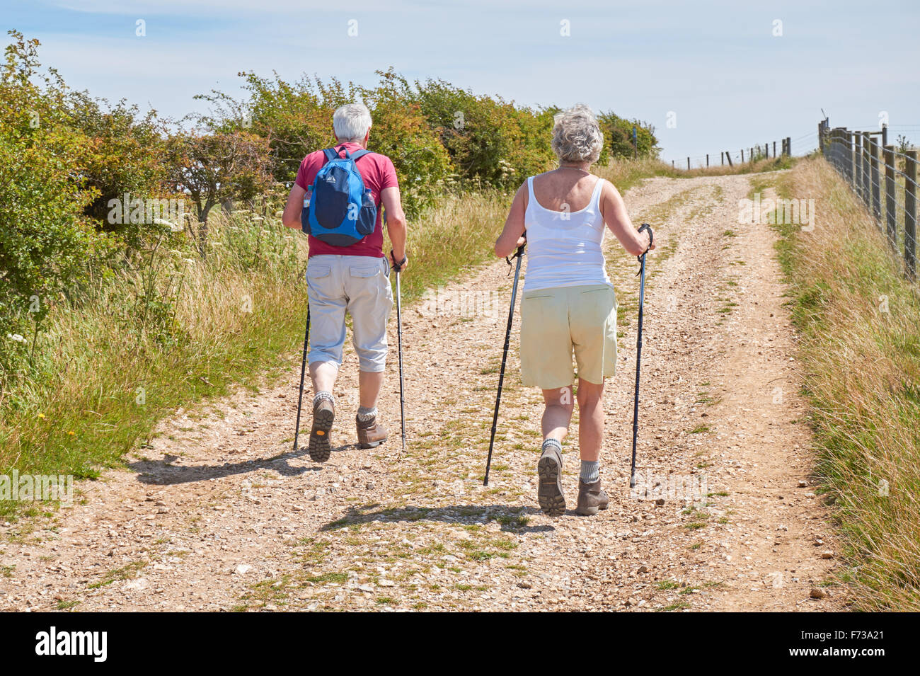 Trekking senior a Ditchling Beacon sulla South Downs Way, il South Downs National Park East Sussex Inghilterra Regno Unito Foto Stock