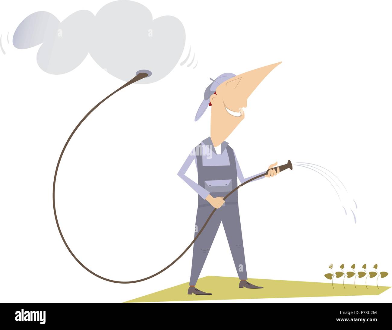 L'uomo innaffia un prato con il tubo usando l'illustrazione di concetto di nube Illustrazione Vettoriale
