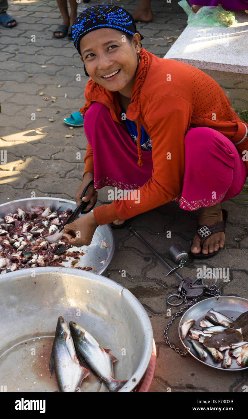 Delta del Mekong, Vietnam: le donne di vendita del pesce al mattino del mercato di strada in Chau Doc. Foto Stock