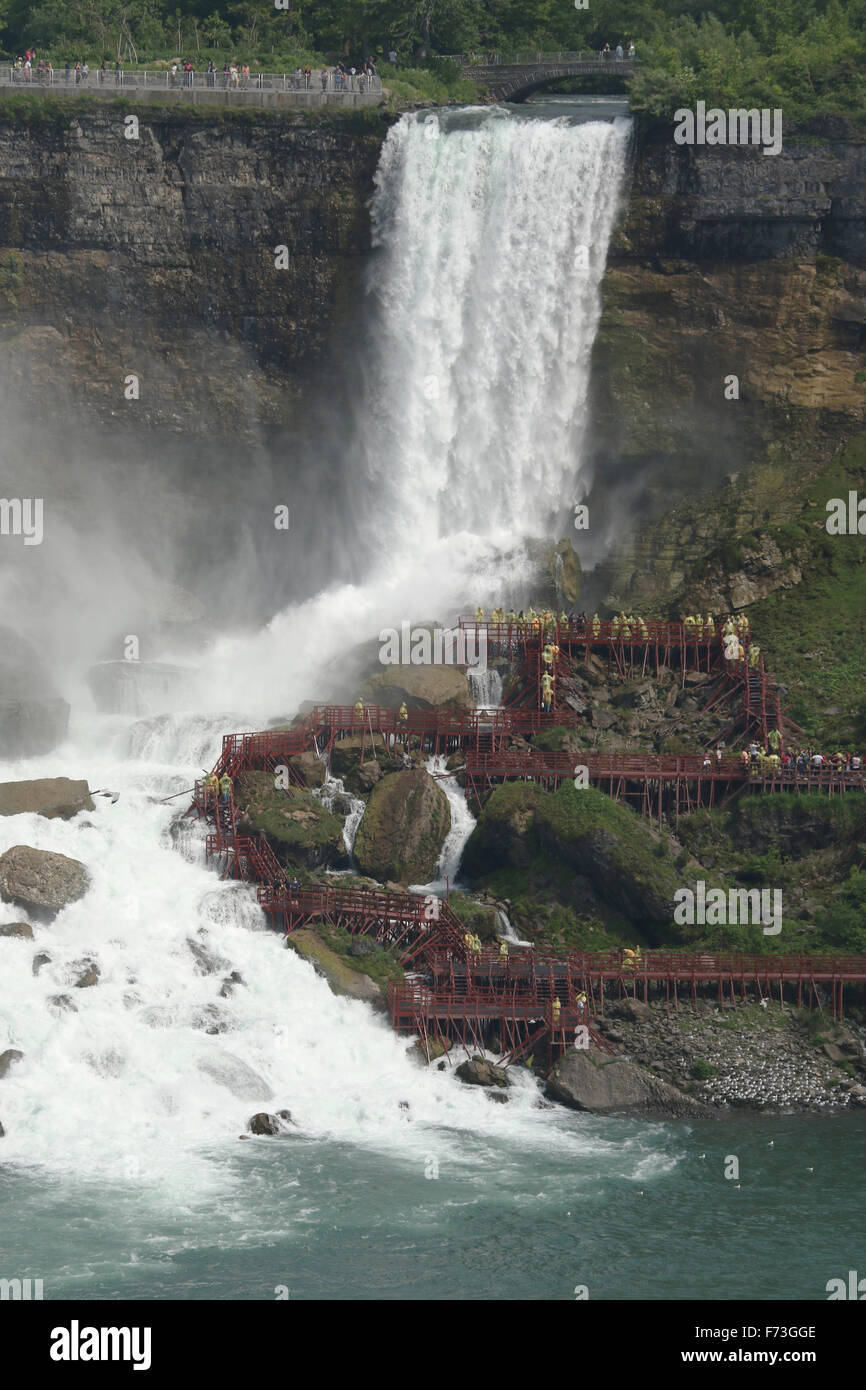 Cascate Americane. Bridal Veil Falls. I turisti sui ponti della Caverna dei Venti. Vista da Niagara Falls, Ontario, Canada. Foto Stock