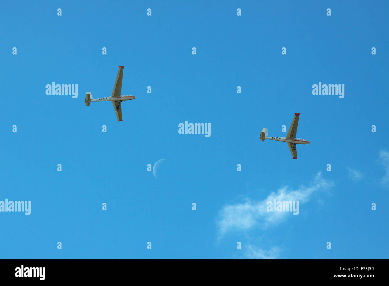 Gostomel, Ucraina - 3 Ottobre 2010: una coppia di L-13 Blaniks volare in un cielo blu accompagnati dalla luna Foto Stock