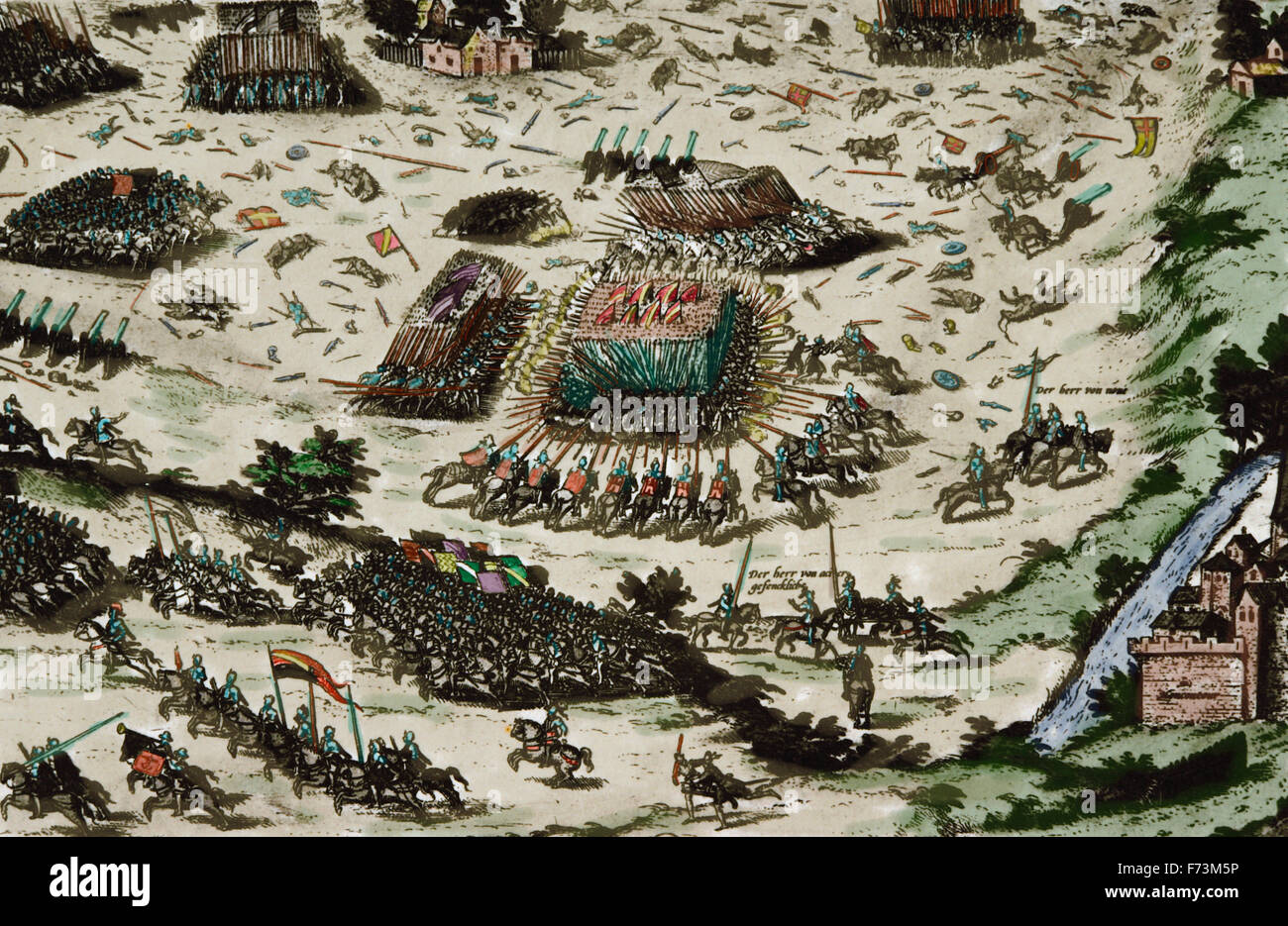 Battaglia di Moncontour, 3 ottobre 1569, tra le forze cattoliche del re Carlo IX di Francia ed ugonotti durante la terza guerra (1568-1570) del francese guerre di religione. Incisione. Colorati. Foto Stock