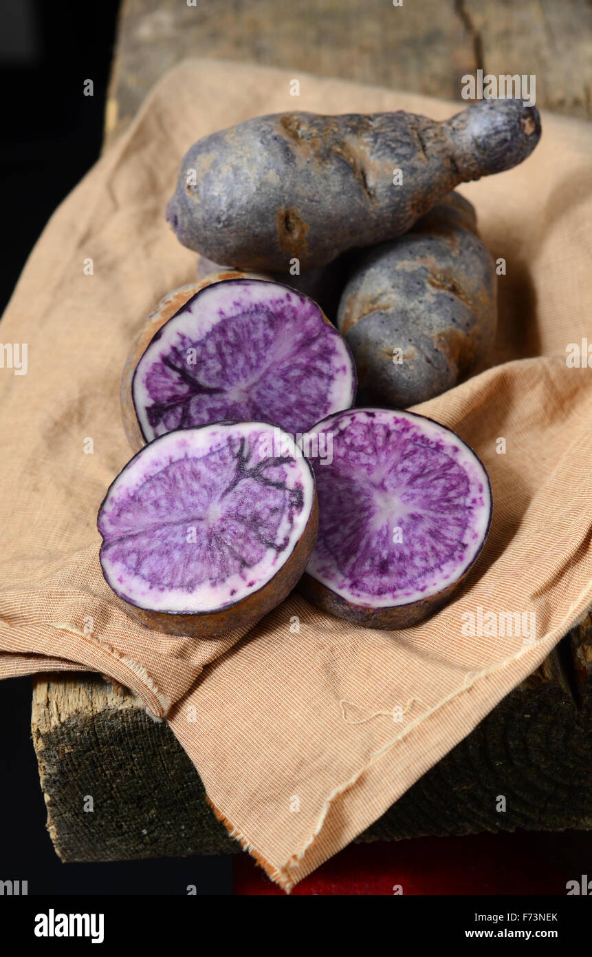 Vitolette noir o viola di patate con pezzi tagliati a fette Foto Stock