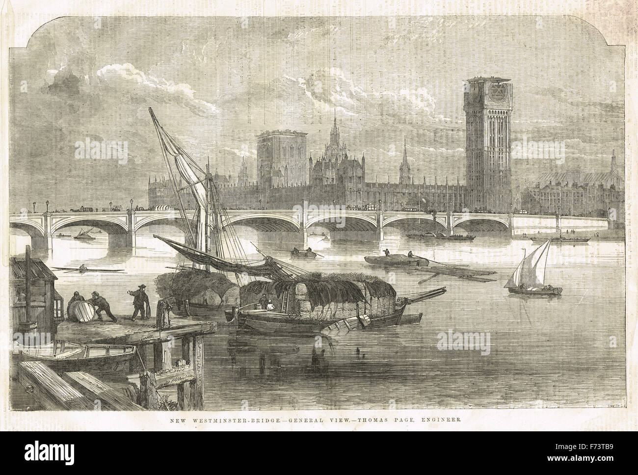 New Westminster Bridge & Palace che mostra il Big Ben clock tower in costruzione 1855 Foto Stock