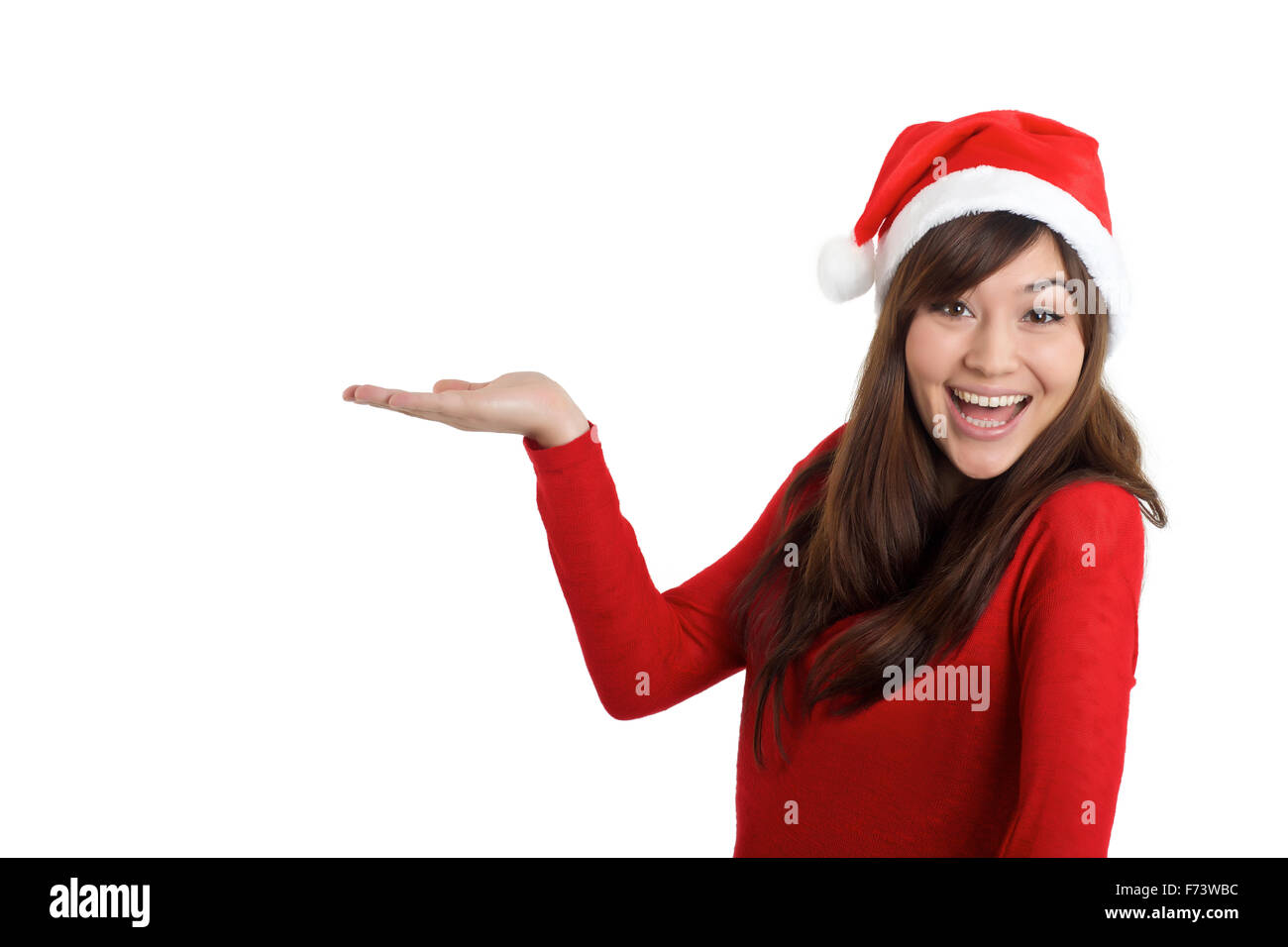 Babbo Natale Natale donna tenere il prodotto su sfondo bianco Foto Stock