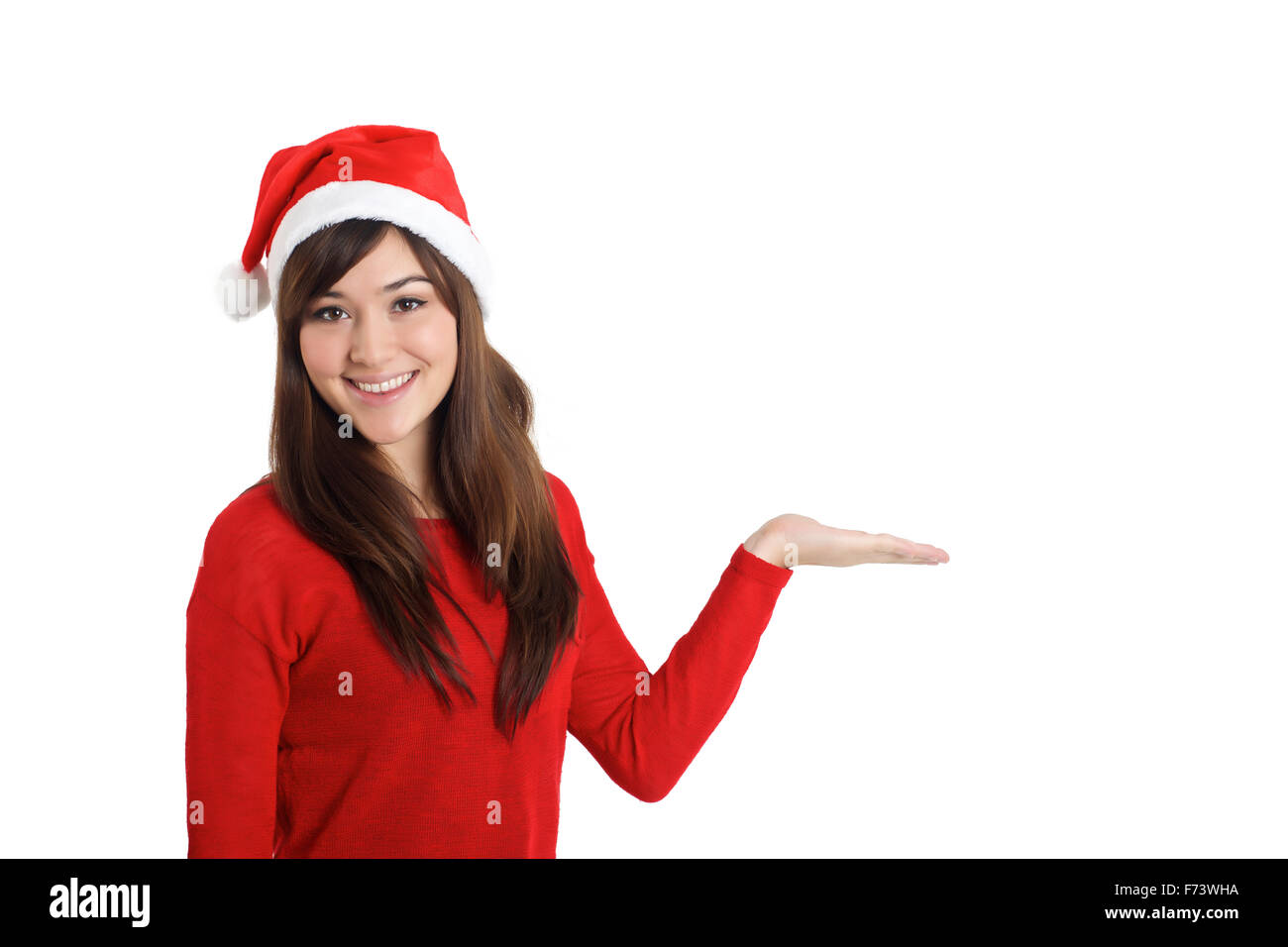 Babbo Natale Natale donna prodotto di puntamento su sfondo bianco Foto Stock
