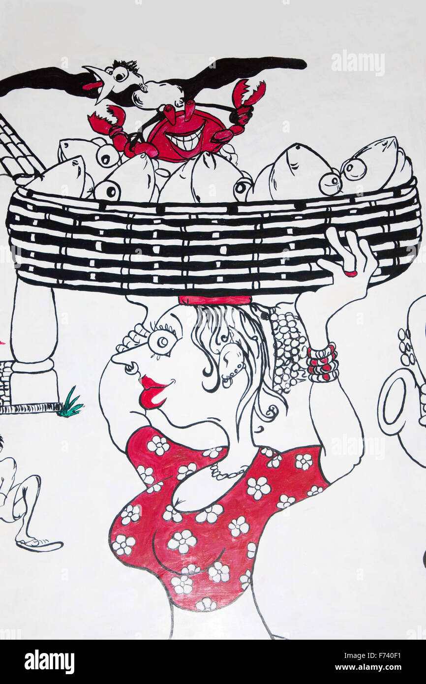 Pittura murale donna carrrying cesto di pesce , autentico ristorante goan goa india asia Foto Stock