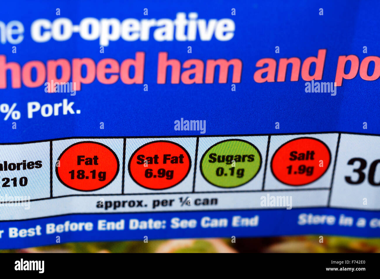Una lattina di cooperativa di prosciutto tritato e la carne di maiale che mostra semaforo simboli Foto Stock