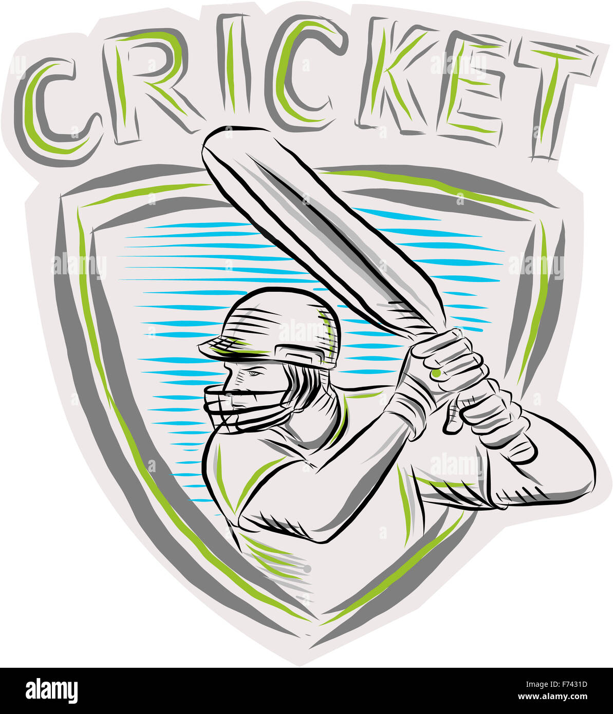 Incisione Incisione stile artigianale illustrazione di un giocatore di cricket battitore con bat batting visto dal lato impostato all'interno della protezione crest. Foto Stock