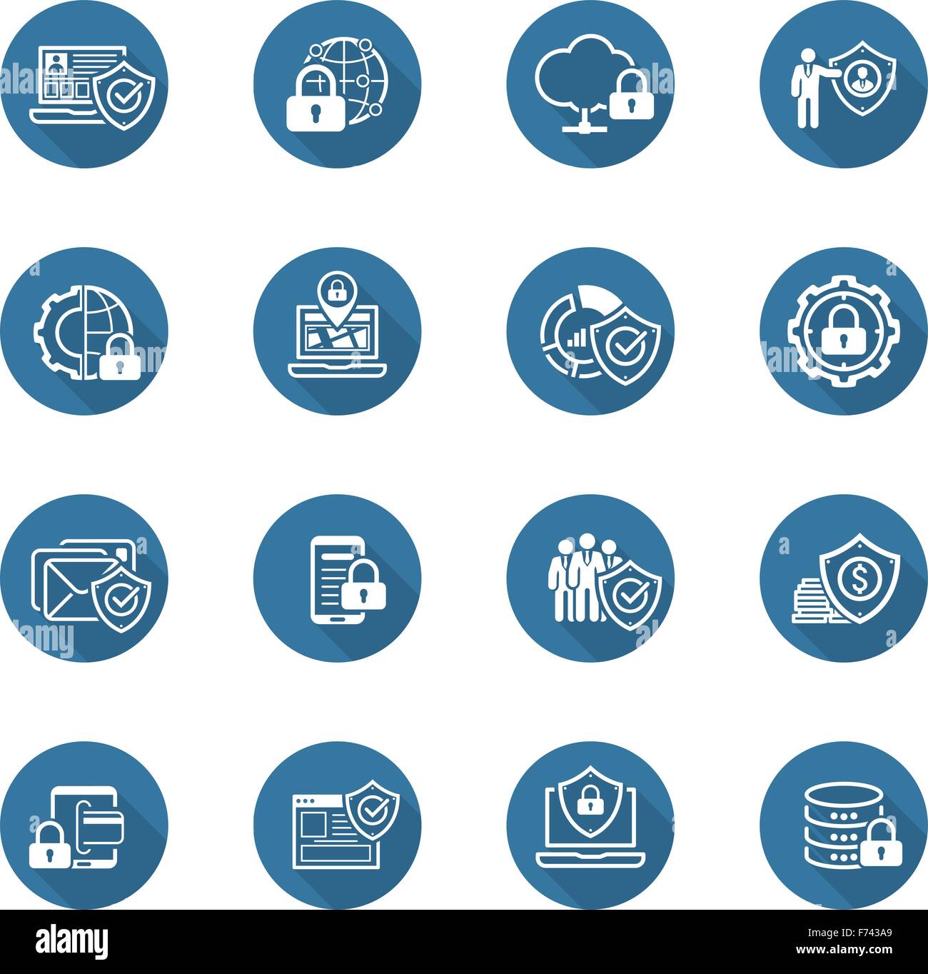 Design piatto e Protezione set di icone. Illustrazione Vettoriale