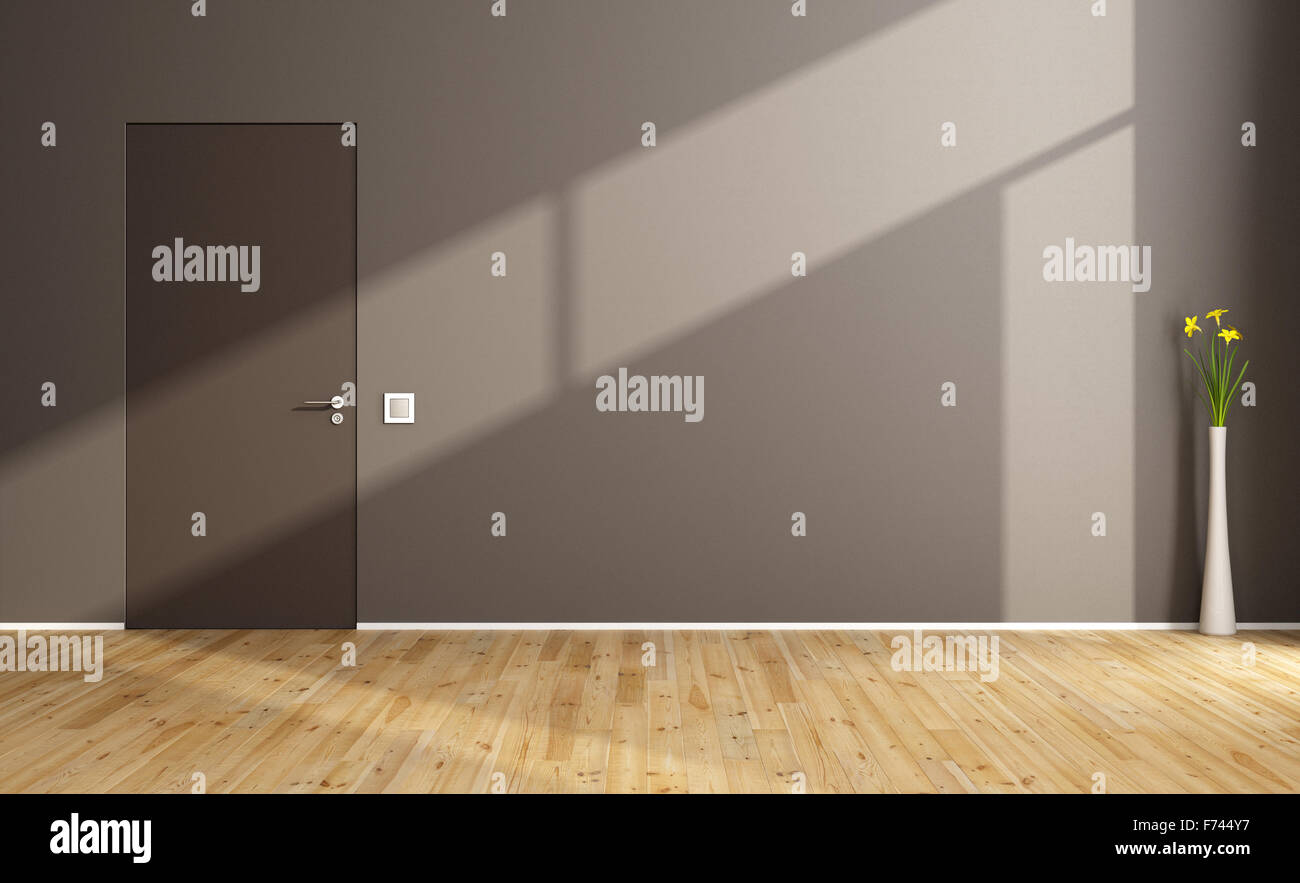 Vuoto marrone stanza vivente con lo sportello chiuso e il pavimento in legno - 3D Rendering Foto Stock