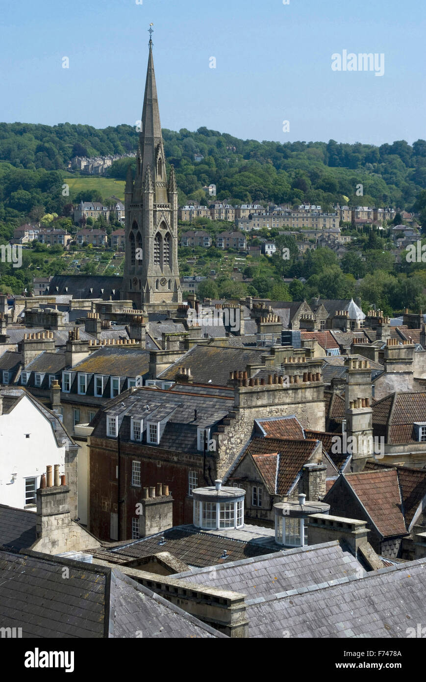 La vista sulla città dalla cima della Abbazia di Bath, bagno, Somerset, Inghilterra Foto Stock