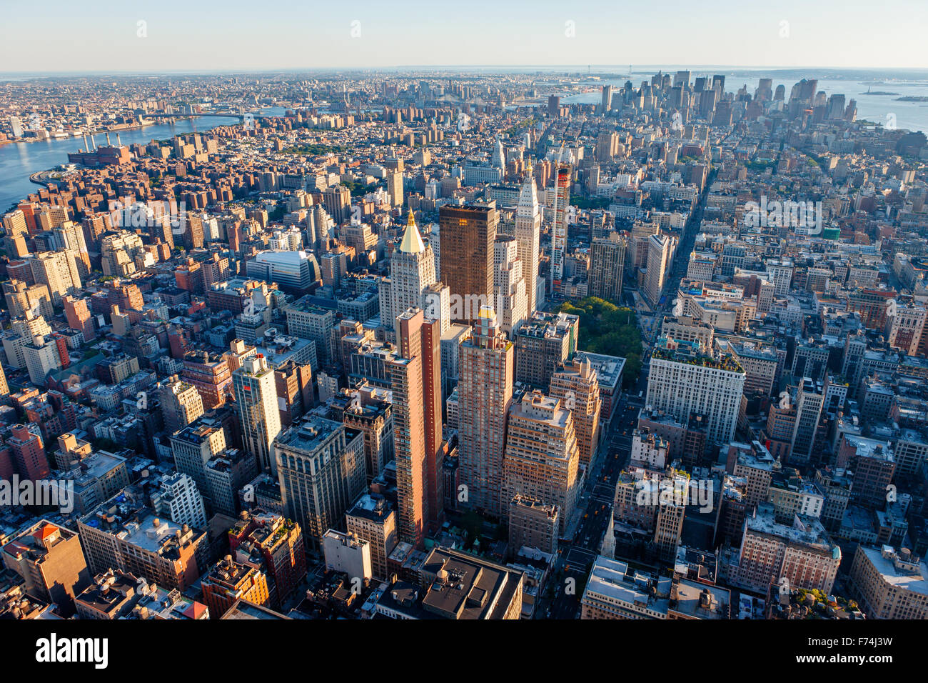 Vista aerea del sud di Manhattan, a New York City per la presentazione di Midtown, Chelsea, Lower Manhattan, East Village e il Quartiere Finanziario Foto Stock