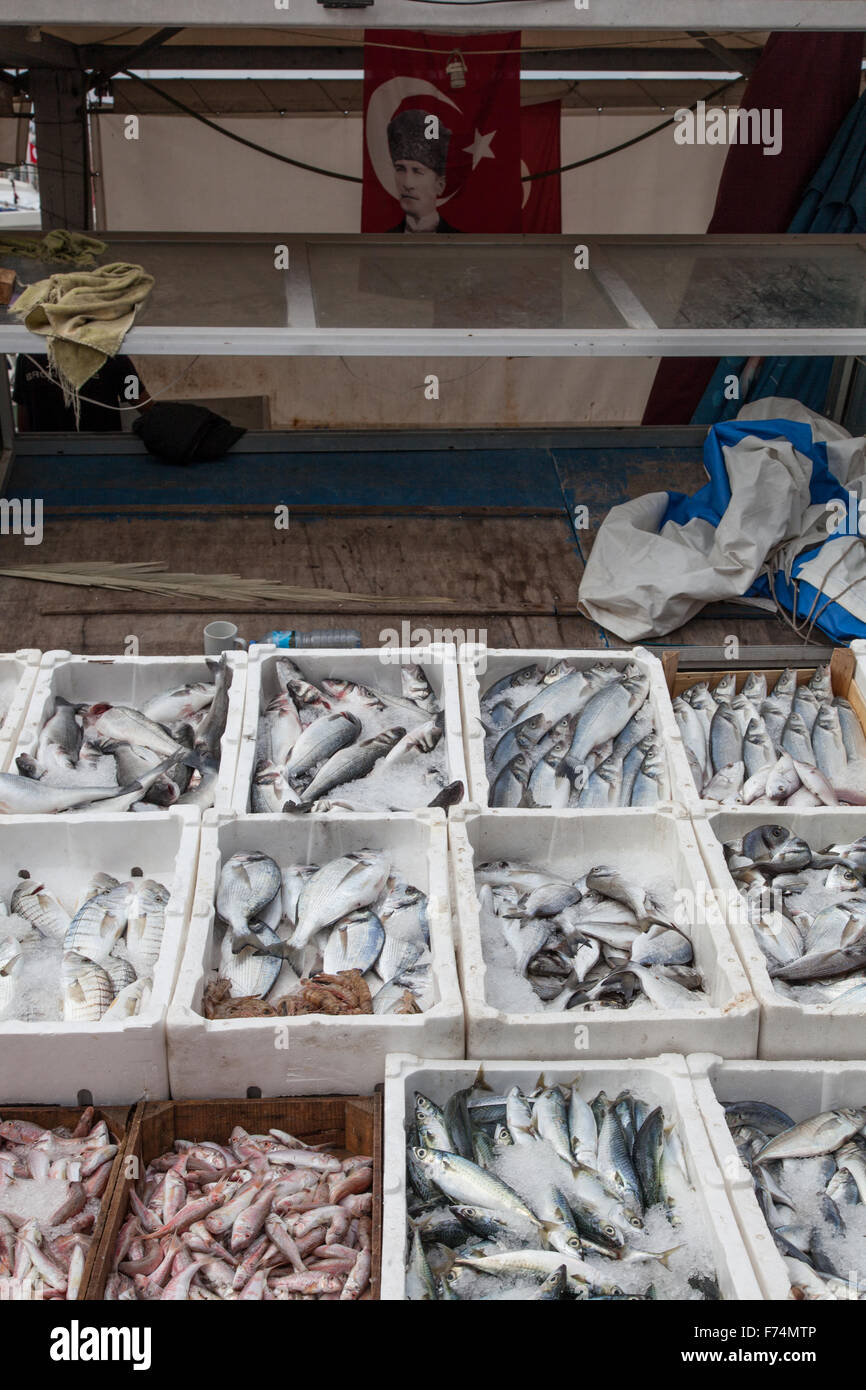 Mercato del pesce a bodrum, Turchia. Con Ataturk in background. Foto Stock