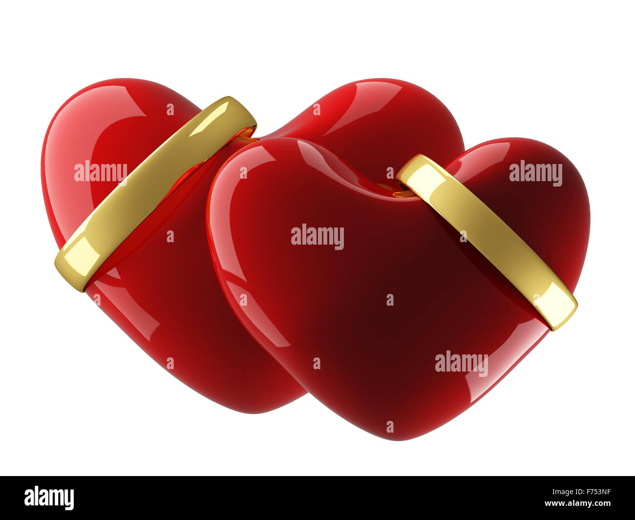 Due cuore con gli anelli di nozze su uno sfondo bianco. Immagine 3D. Foto Stock