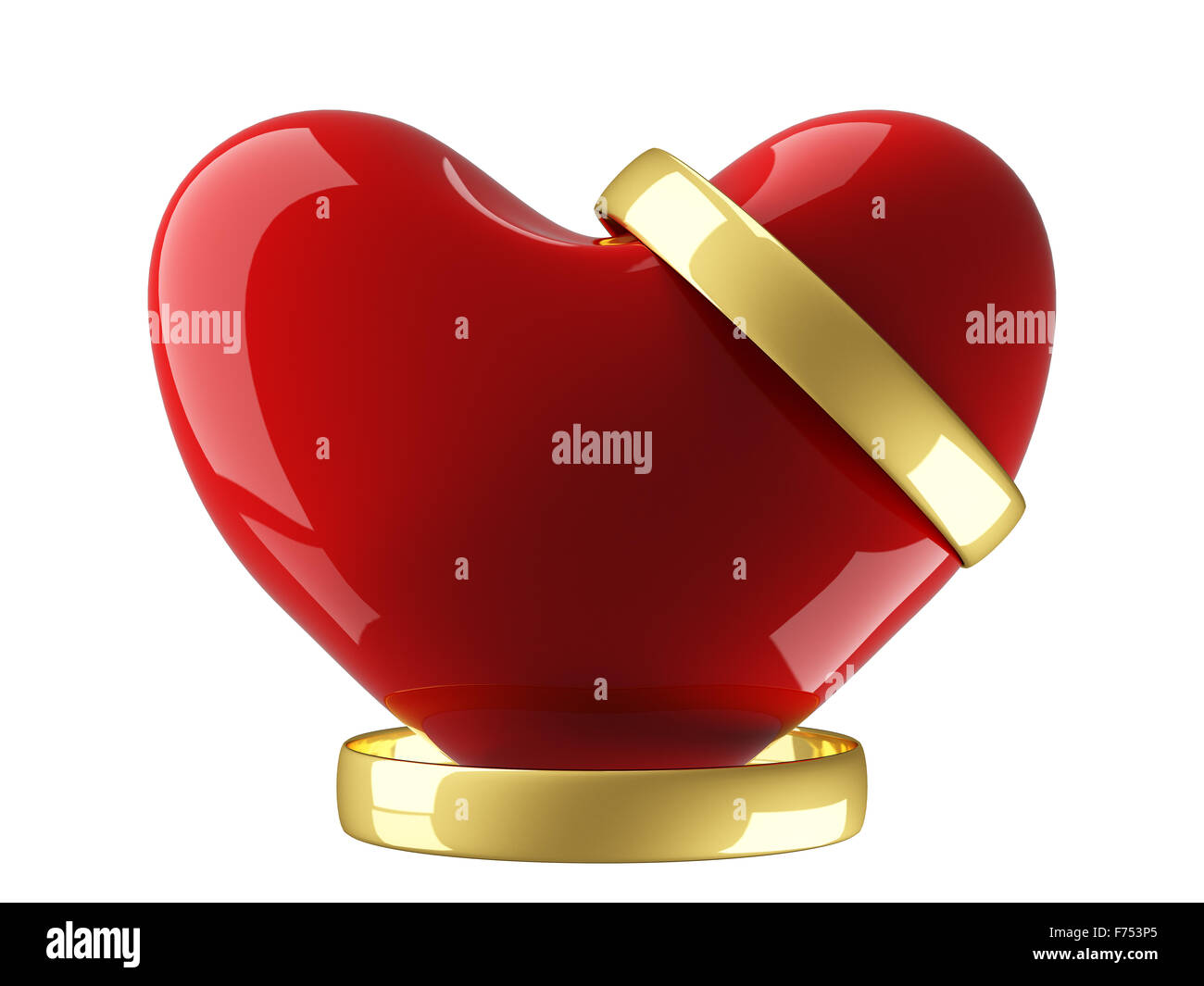 Cuore con gli anelli di nozze su uno sfondo bianco. Immagine 3D. Foto Stock