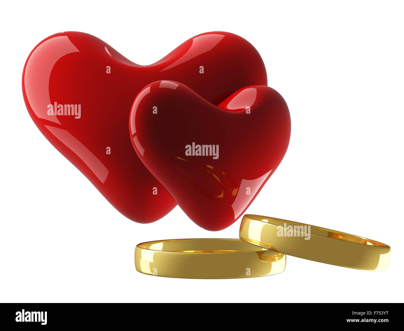 Due cuore con gli anelli di nozze su uno sfondo bianco. Immagine 3D. Foto Stock