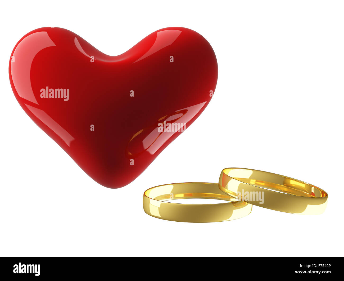 Cuore con gli anelli di nozze su uno sfondo bianco. Immagine 3D. Foto Stock