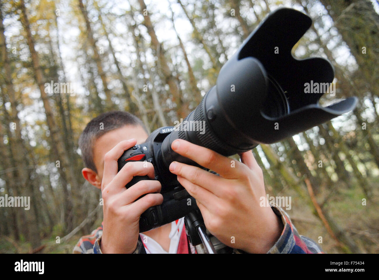 Ragazzo adolescente con fotocamera reflex digitale nella foresta. Foto Stock