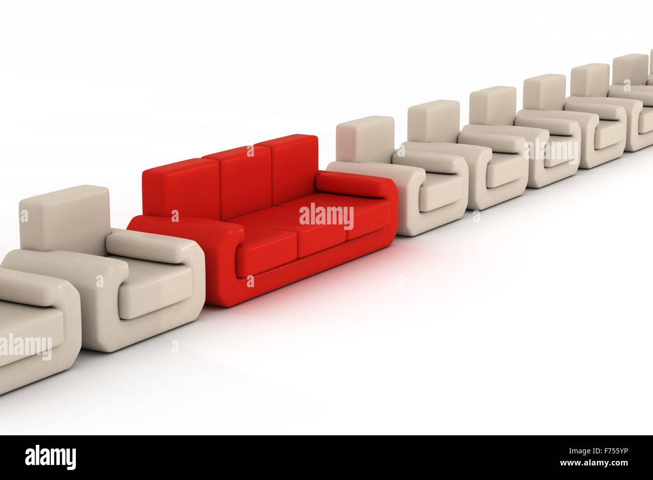 Fila di poltrone e divano rosso su sfondo bianco. Immagine 3D. Foto Stock