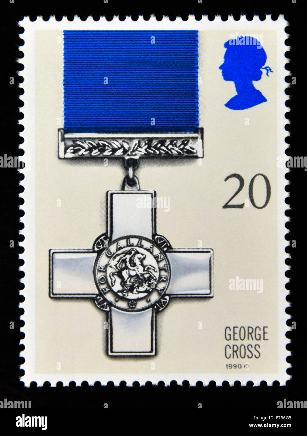 Francobollo. La Gran Bretagna. La regina Elisabetta II. 1990. Gallantry Awards. Croce di San Giorgio. 20p. Foto Stock