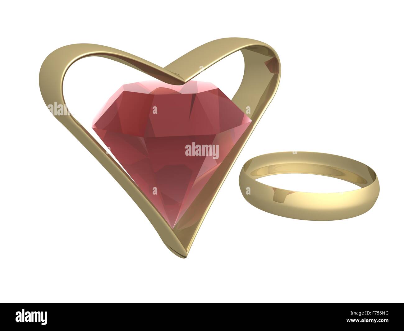 Ruby nel cuore di oro e di un anello. 3D MAGE. Foto Stock