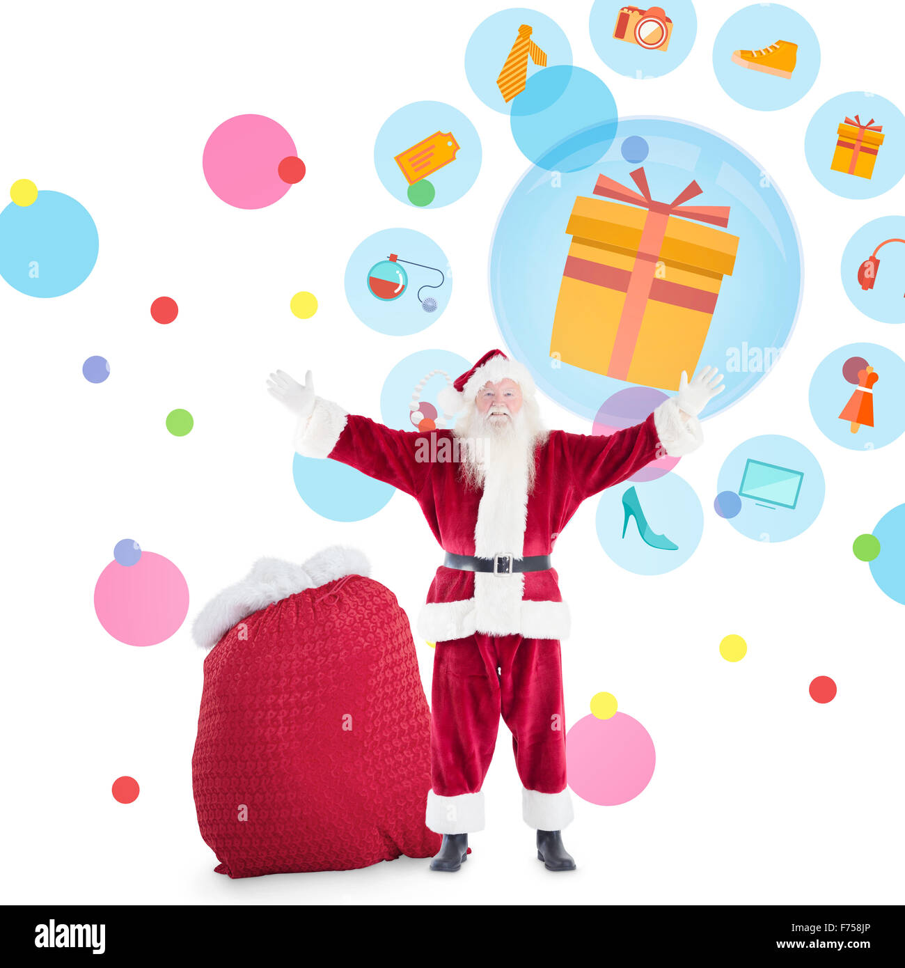 Immagine composita di felice santa con il sacco di doni Foto Stock