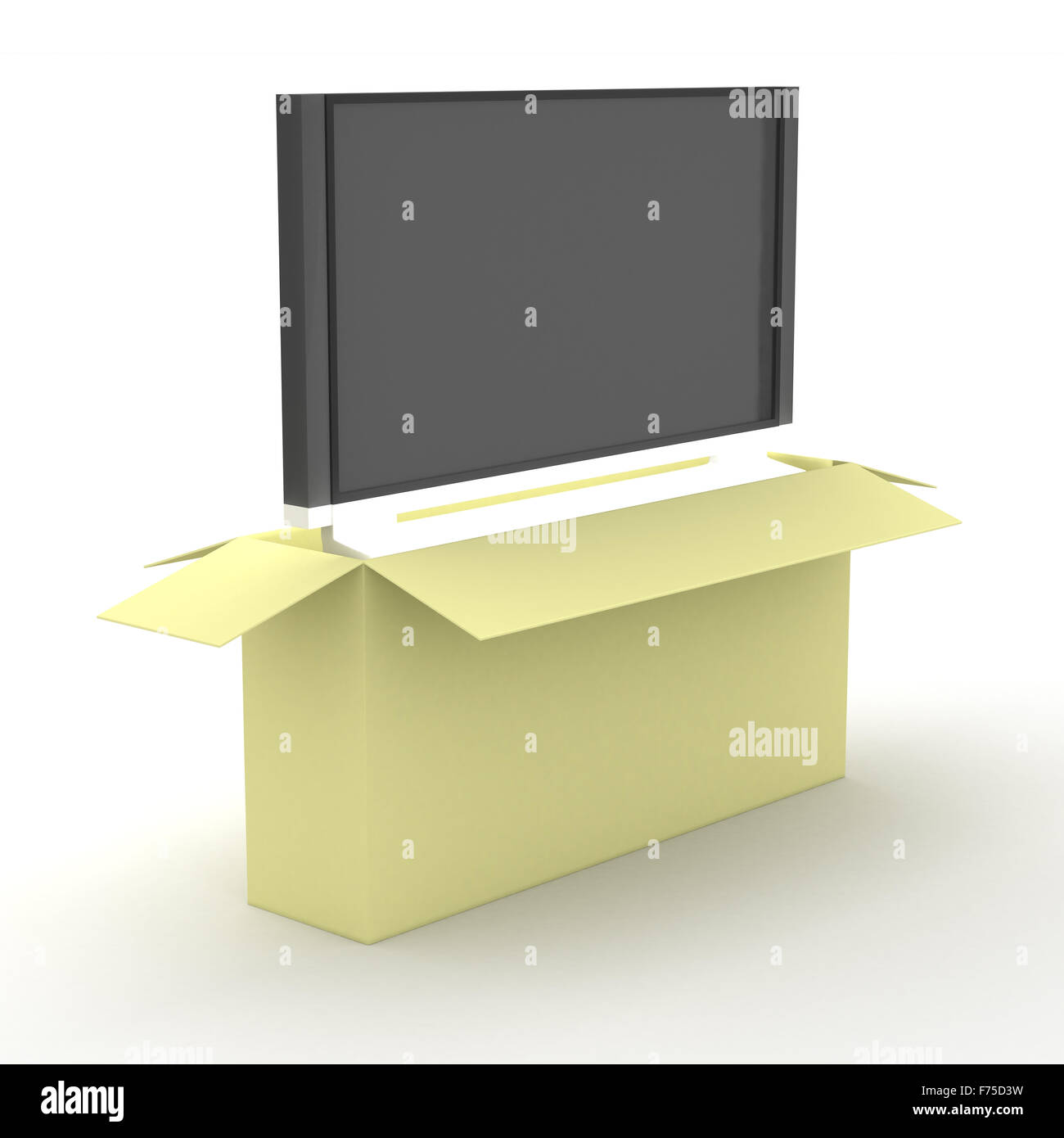 TV in una scatola di imballaggio. Immagine 3D. Foto Stock