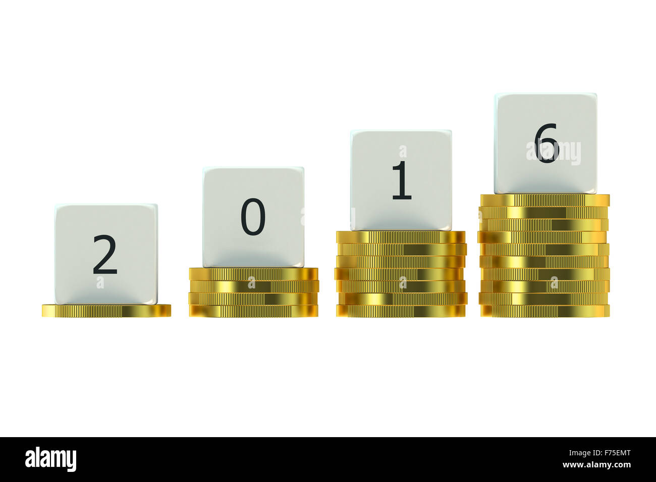 Anno 2016 su pile di monete d'oro, concetto finanziario Foto Stock
