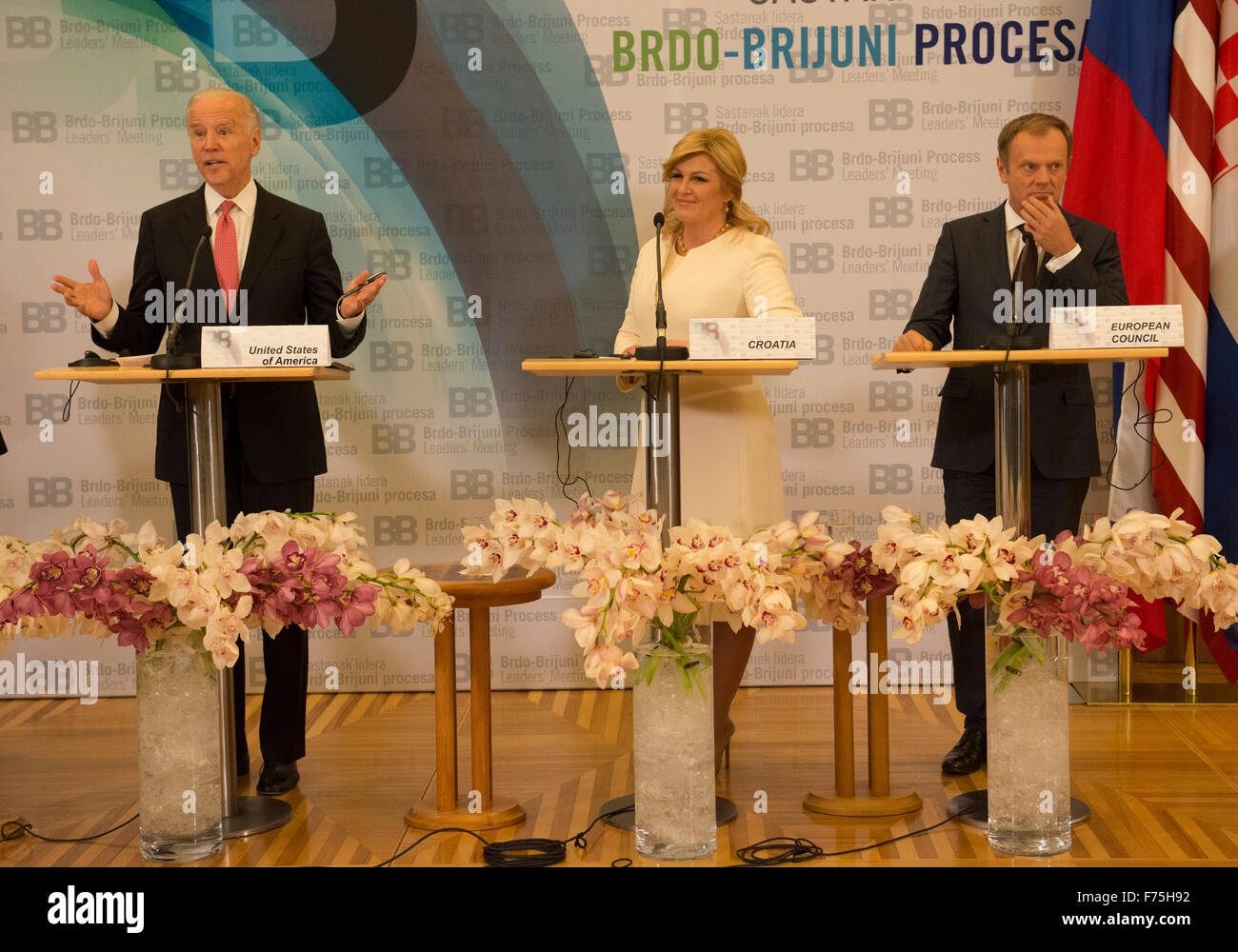 Zagabria, Croazia. 25 Nov, 2015. Stati Uniti Vice presidente Joe Biden(L), presidente croato Kolinda Grabar-Kitarovic(C), il Presidente del Consiglio europeo Donald Tusk partecipare ad una conferenza stampa congiunta dopo il Brdo Processo di Brioni a Zagabria, la capitale della Croazia, nov. 25, 2015. Stati Uniti Vice presidente Joe Biden ha detto mercoledì che la porta della NATO è rimasta aperta, chiedendo ai paesi dell'Europa sud-orientale per avviare le riforme per inserire l'alleanza. © Miso Lisanin/Xinhua/Alamy Live News Foto Stock