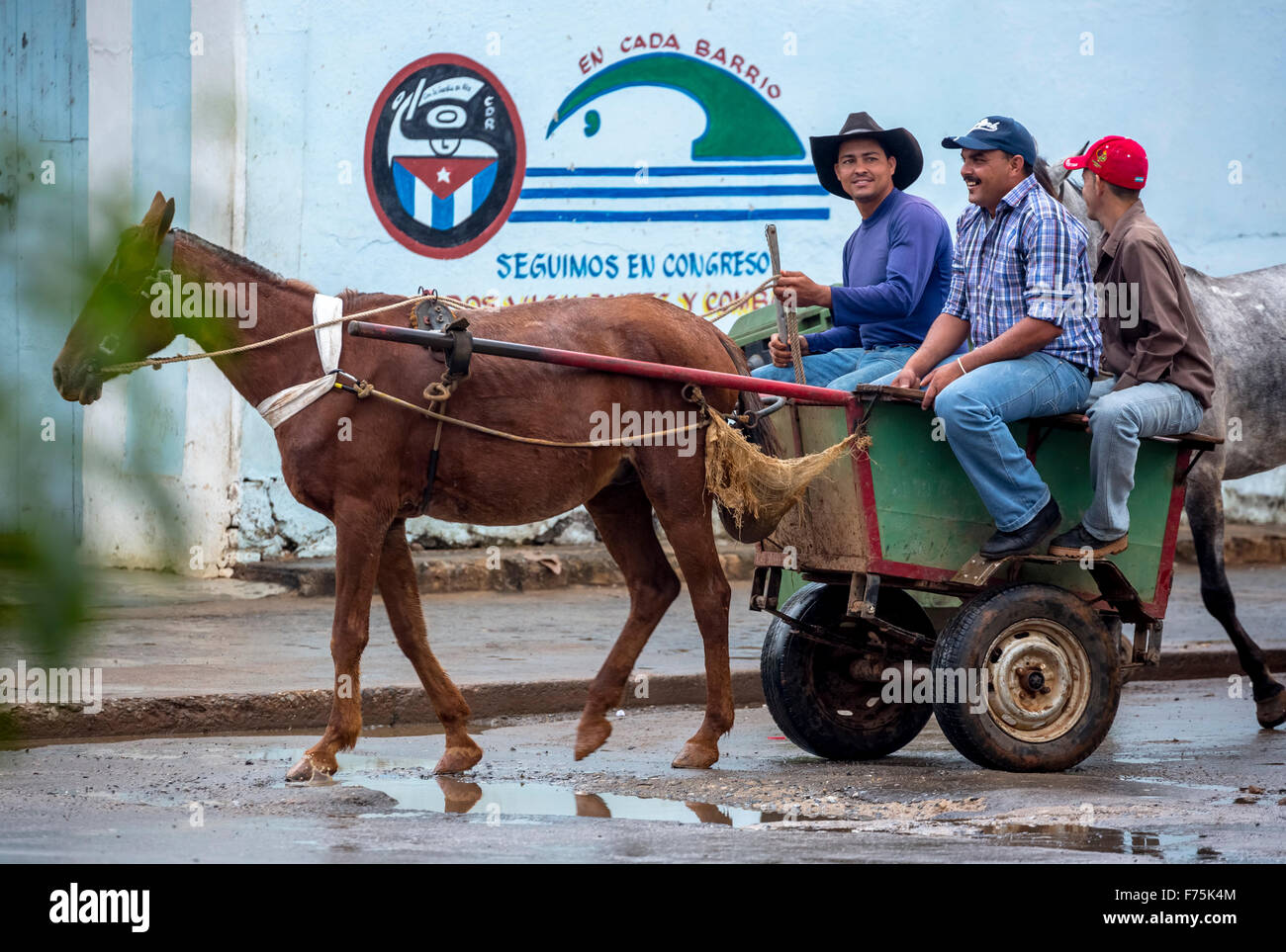 Buggy, einspanniges veicolo, tre agricoltori, trasporto cubano, Viñales, Cuba, Pinar del Rio, Cuba, Scene di strada Foto Stock