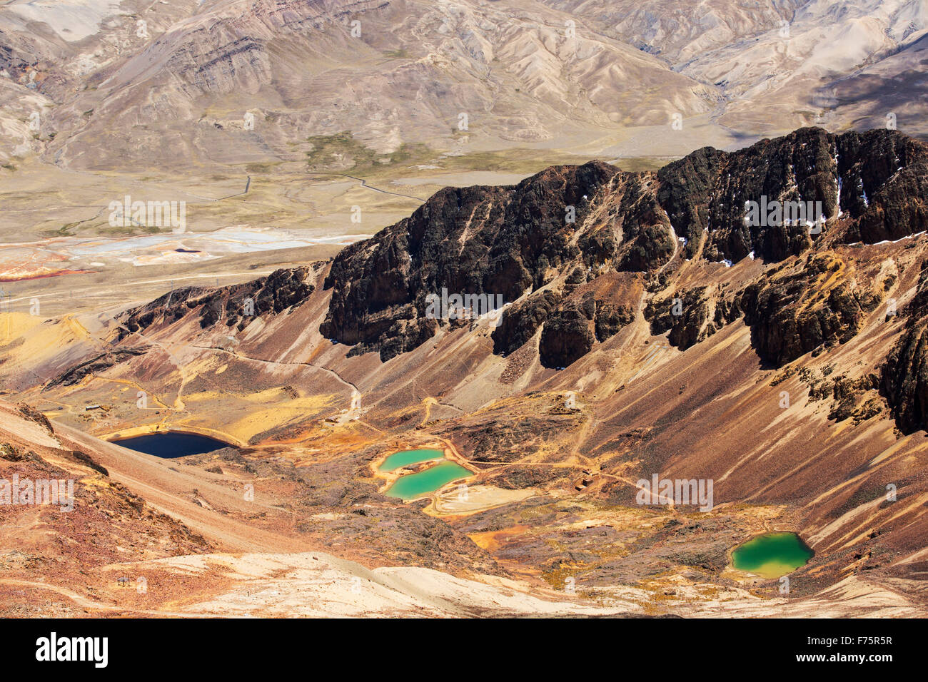 Laghi colorati al di sotto del picco di Chacaltaya stazione sulle Ande boliviane. Foto Stock