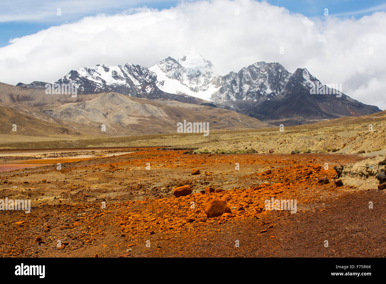 Laguna Miluni è un serbatoio alimentato da acqua di disgelo glaciale dal picco andino di Huayna Potosi sulle Ande boliviane. Come il cambiamento climatico casuses ghiacciai al fuso, la fornitura di acqua per La Paz in Bolivia il capitale viene rapidamente il funzionamento a secco. Il serbatoio è inoltre contaminato da effluente di miniera nonché ad un livello basso a causa della siccità. Foto Stock