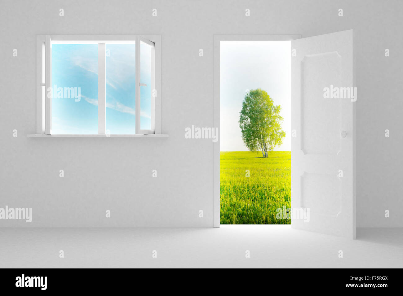 Paesaggio dietro la porta aperta e la finestra. Immagine 3D Foto Stock