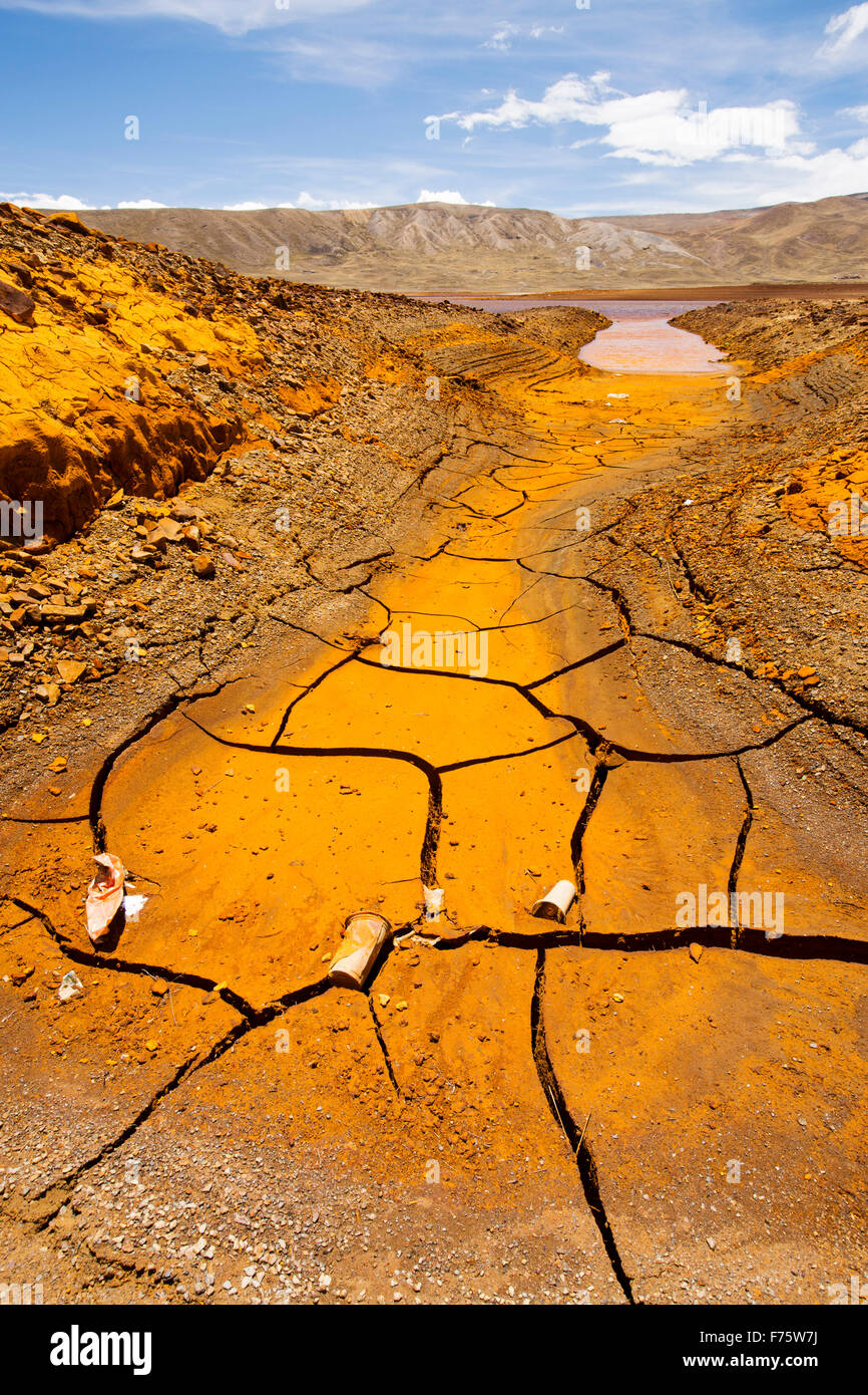 Laguna Miluni è un serbatoio alimentato da acqua di disgelo glaciale dal picco andino di Huayna Potosi sulle Ande boliviane. Come il cambiamento climatico casuses ghiacciai al fuso, la fornitura di acqua per La Paz in Bolivia il capitale viene rapidamente il funzionamento a secco. Il serbatoio è inoltre contaminato da effluente di miniera nonché ad un livello basso a causa della siccità. Foto Stock