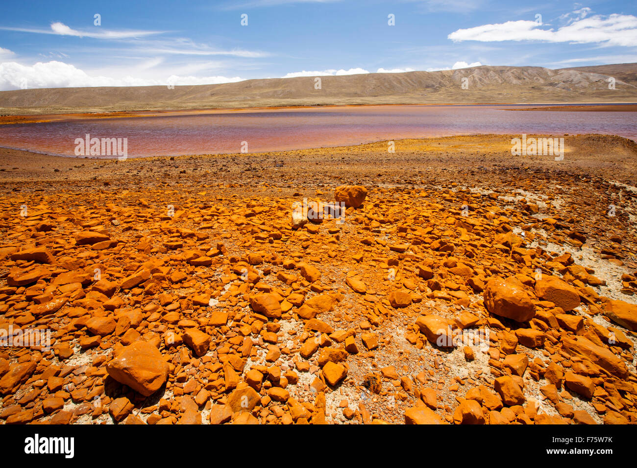 Laguna Miluni è un serbatoio alimentato da acqua di disgelo glaciale dal picco andino di Huayna Potosi sulle Ande boliviane. Come il cambiamento climatico casuses ghiacciai al fuso, la fornitura di acqua per La Paz in Bolivia il capitale viene rapidamente il funzionamento a secco. Il serbatoio è inoltre contaminato da effluente di miniera nonché ad un livello basso a causa della siccità. Foto Stock