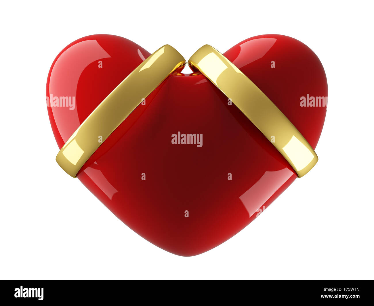 Cuore con gli anelli di nozze su uno sfondo bianco. Immagine 3D. Foto Stock