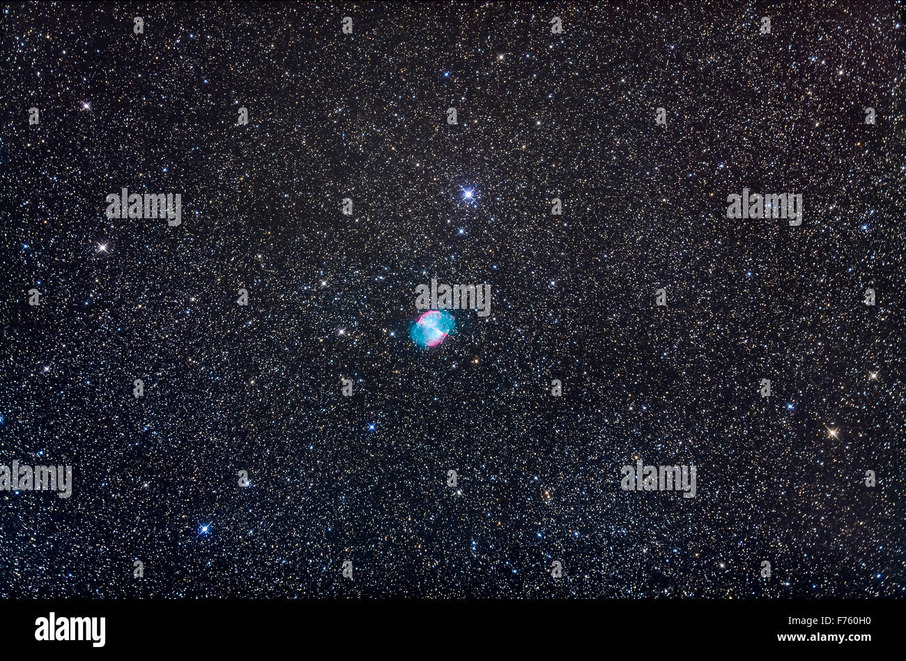 Messier 27, la nebulosa Dumbbell in Volpetta, un popolare deep-sky oggetto e uno dei migliori esempi di una nebulosa planetaria Foto Stock