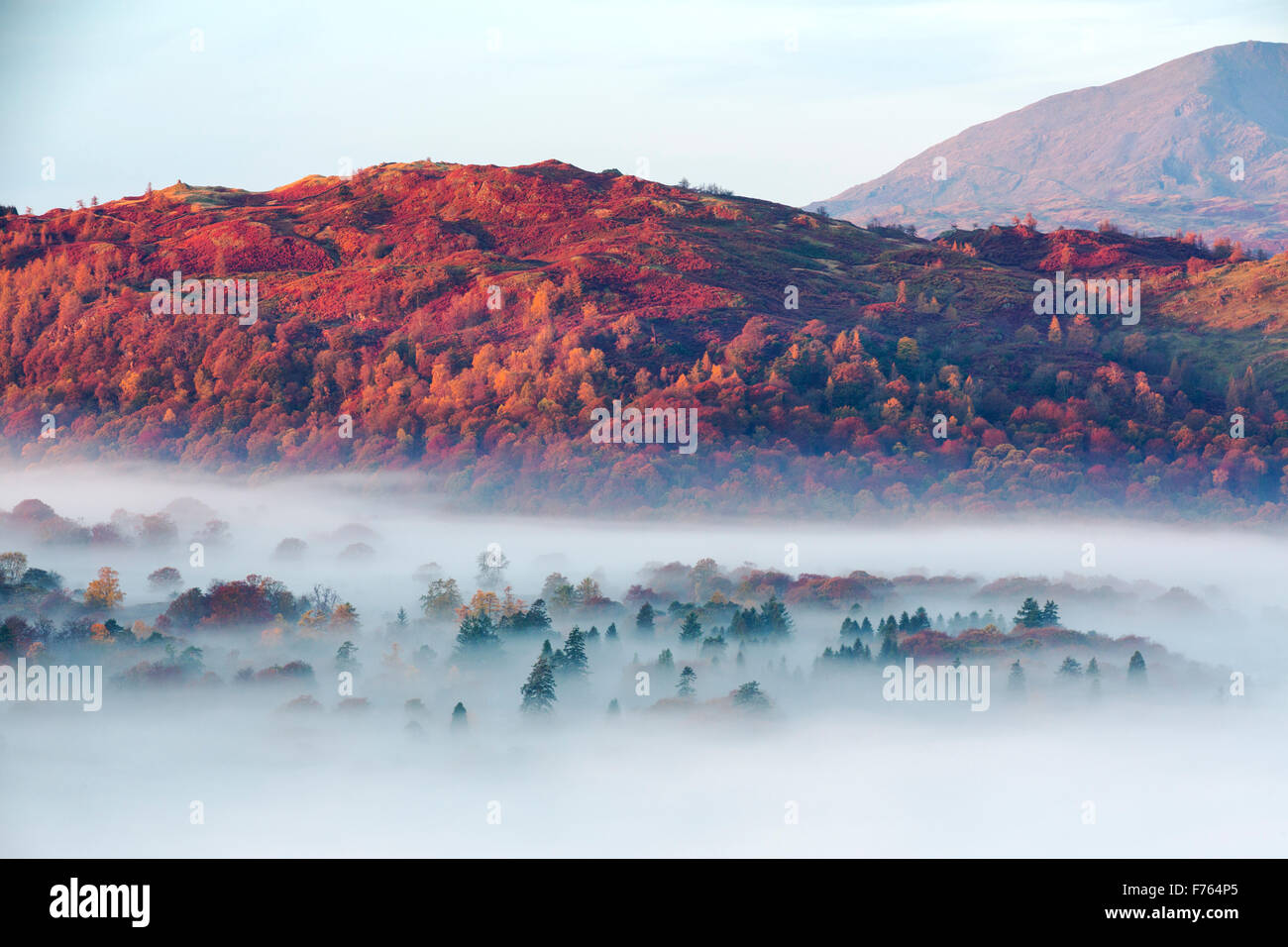 Nebbia a valle sul Lago di Windermere da Todd roccioso nel distretto del lago, Regno Unito all'alba, guardando verso Coniston Vecchio. Foto Stock