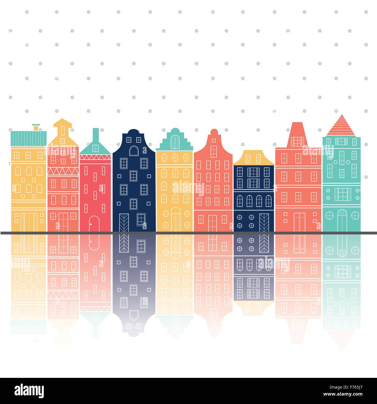 Case di Amsterdam la riflessione di stile color pastello Paesi Bassi con la riflessione nel canale d'acqua Illustrazione Vettoriale