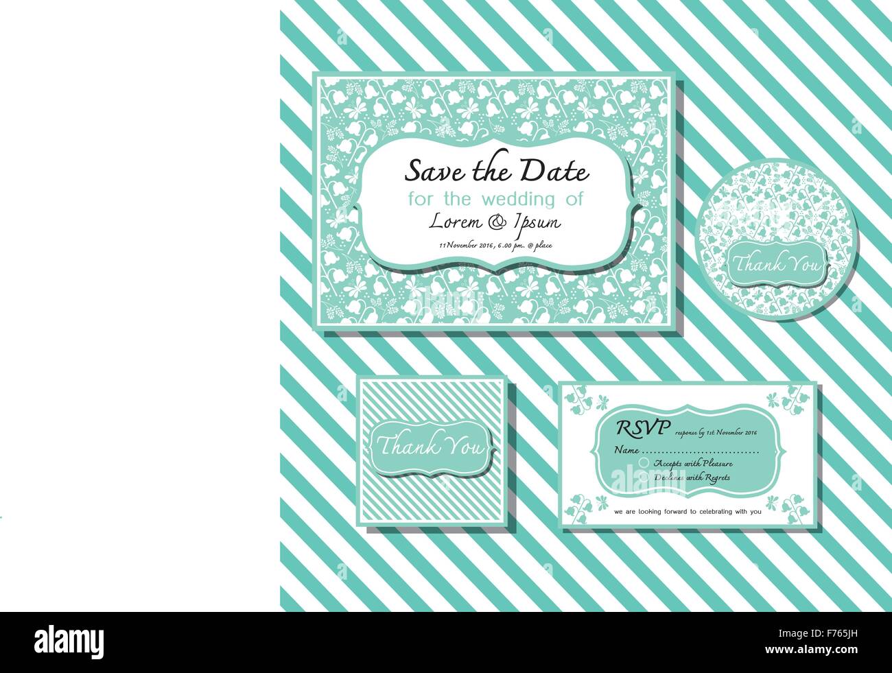 Salvare la data del pastel green card invito a nozze set design con motivo floreale Illustrazione Vettoriale