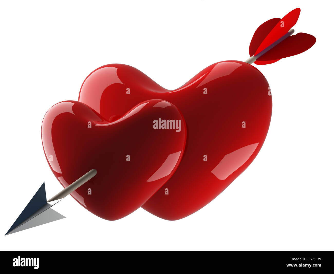 Due cuori trafitto da una freccia. Immagine 3D. Foto Stock