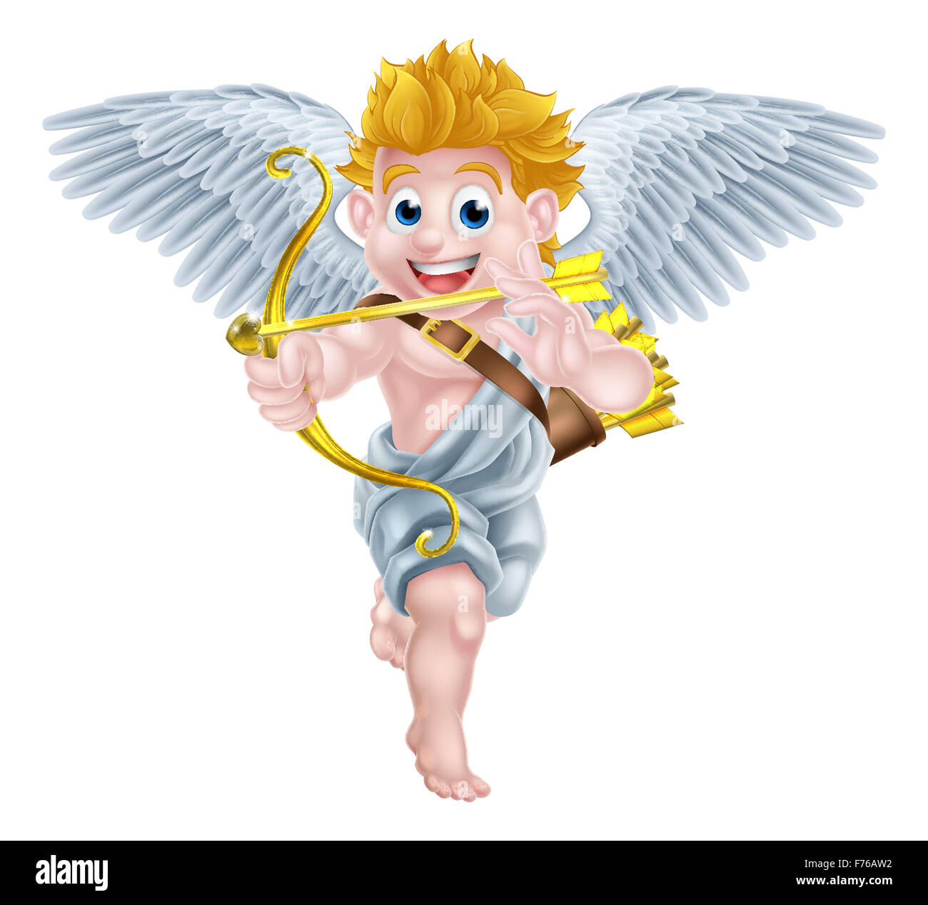 Cartoon il giorno di san valentino cupido angelo alato di carattere mirando il suo golden bow e cuore freccia Foto Stock