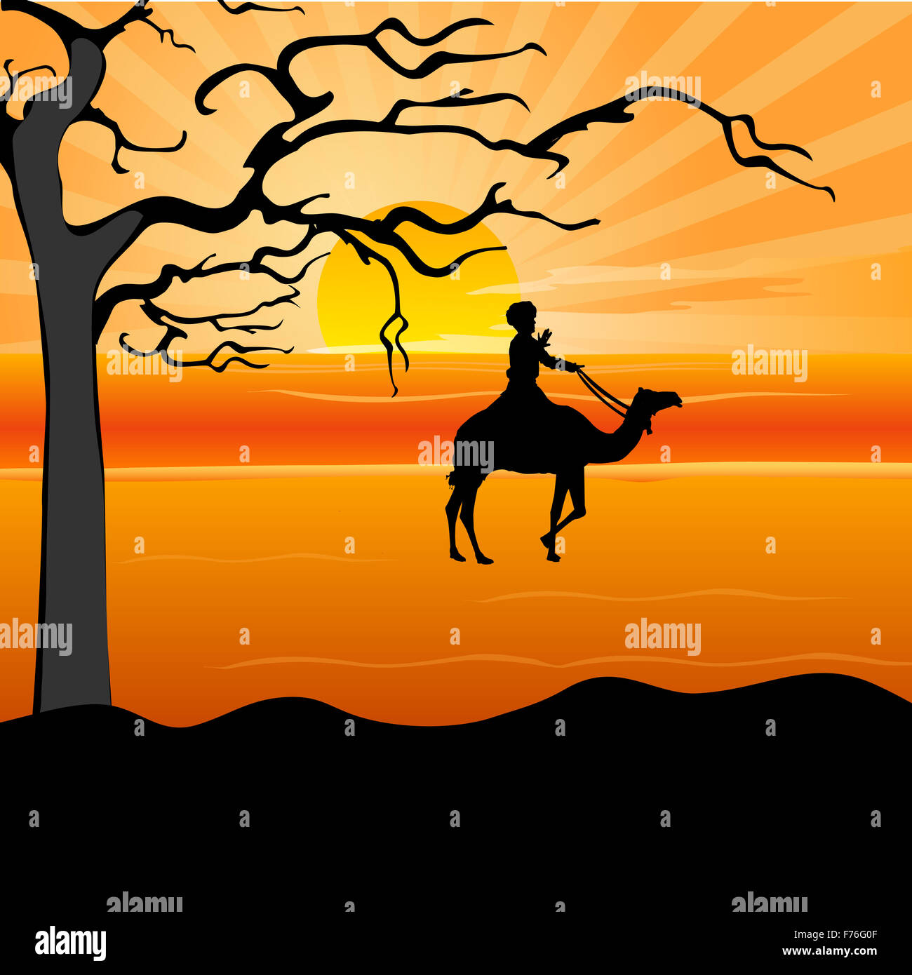 Silhouette di un uomo a dorso di cammello nel deserto, Foto Stock