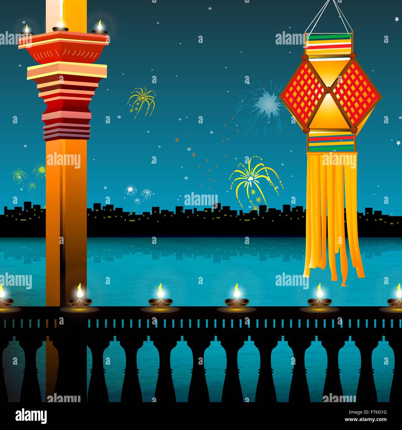 Lampada di illuminazione, lanterne e fuochi d'artificio, balcone,festival - diwali Foto Stock
